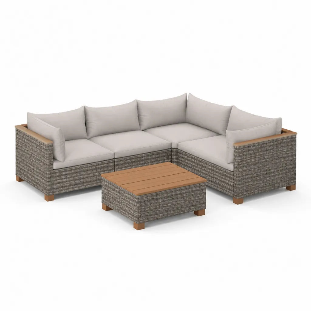 Salotto da giardino angolare 3 pezzi con tavolino 230 x 230 cm in rattan PE grigio e legno massello di acacia beige