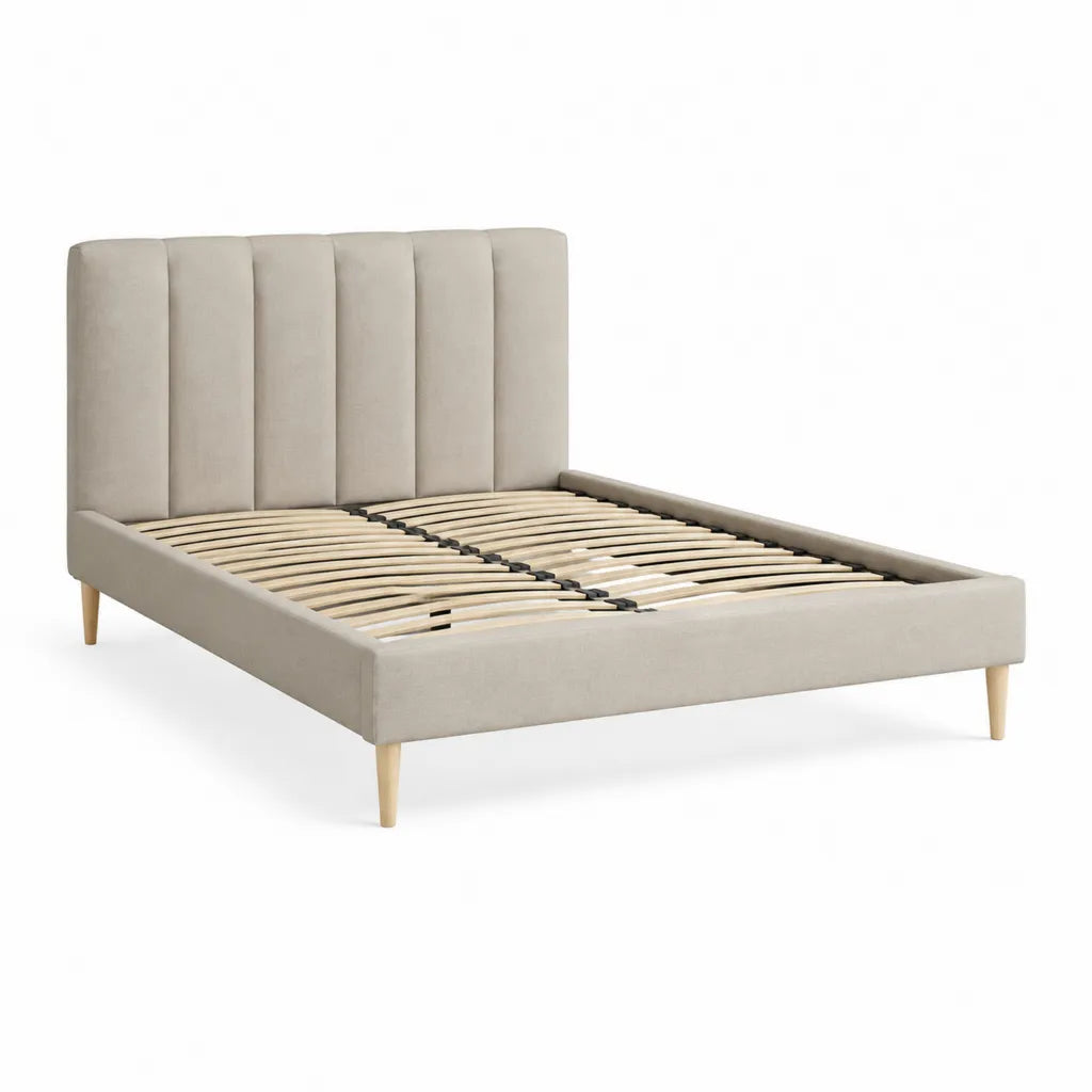 Letto matrimoniale 160 x 200 cm con rete a doghe testiera imbottita in poliestere beige