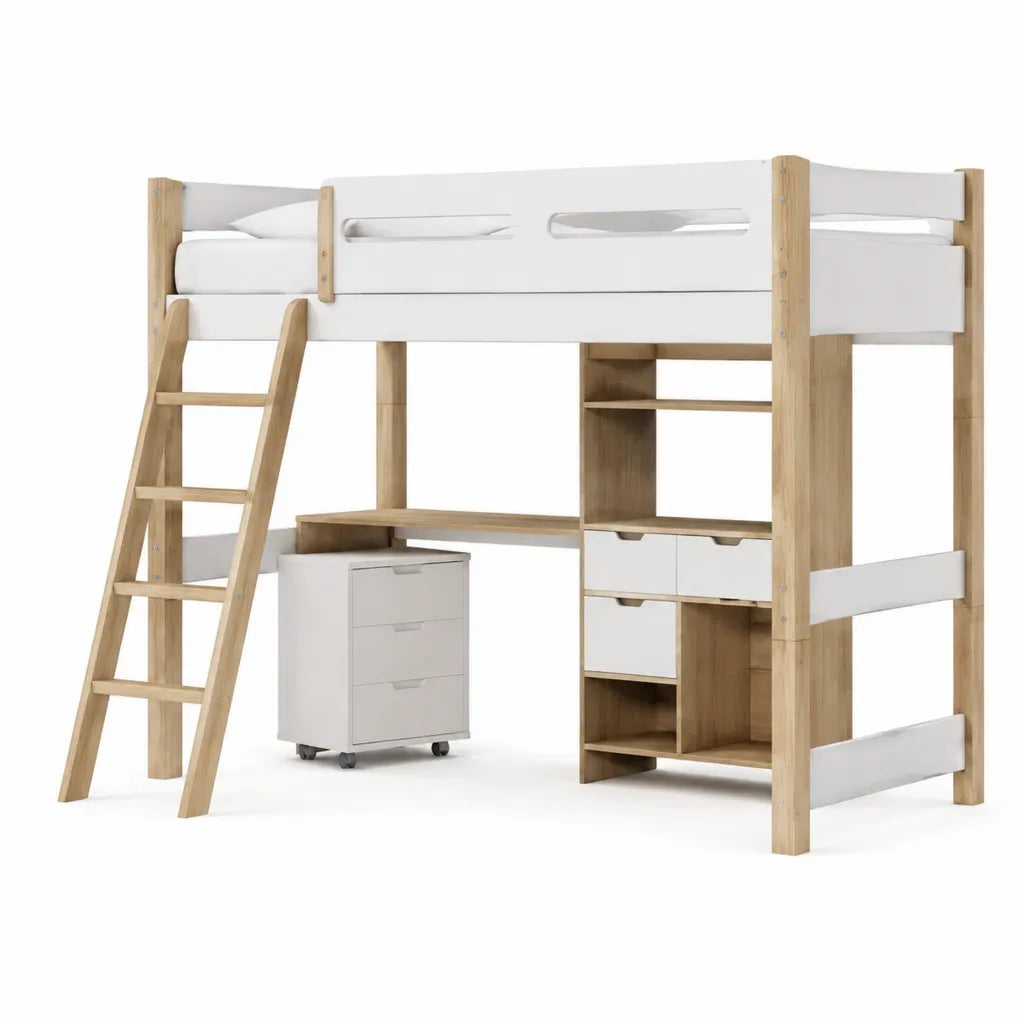 Letto a soppalco per bambini 90 x 200 cm in pino massello e MDF rettangolare bianco e naturale con scrivania libreria cassettiera e scala