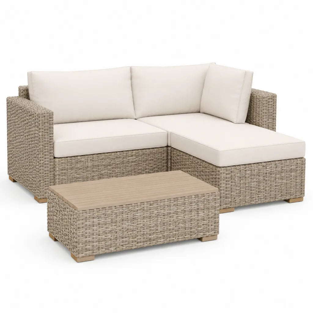 Set divano da giardino angolare 3 posti con tavolino in rattan PE beige 200 x 140 x 65 cm