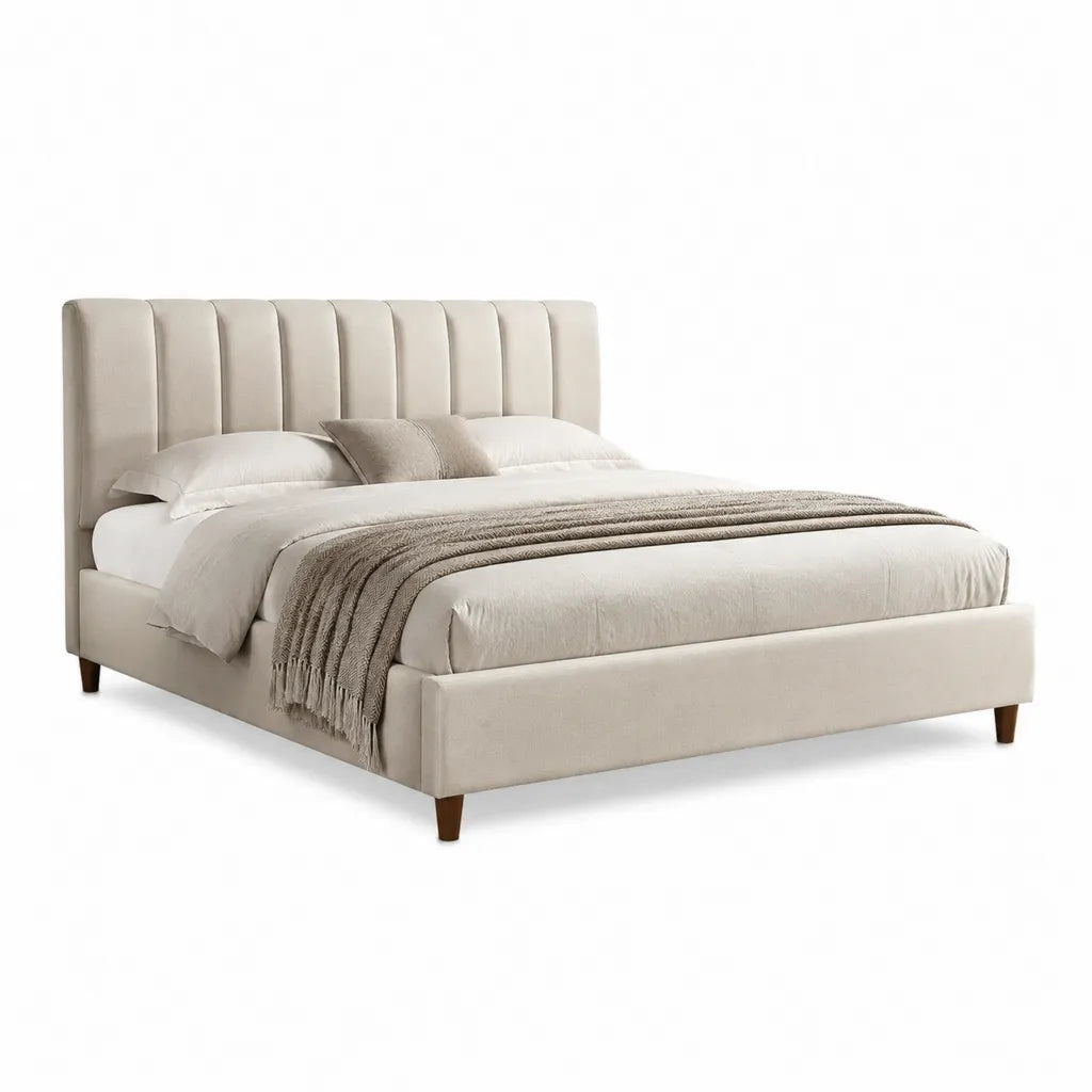 Letto matrimoniale imbottito 160 x 200 cm in poliestere beige con testiera rettangolare a pannelli verticali