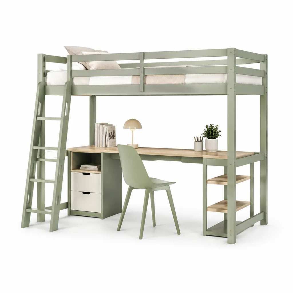 Letto a soppalco singolo con scrivania e scala in pino massello verde salvia 205 x 105 x 180 cm