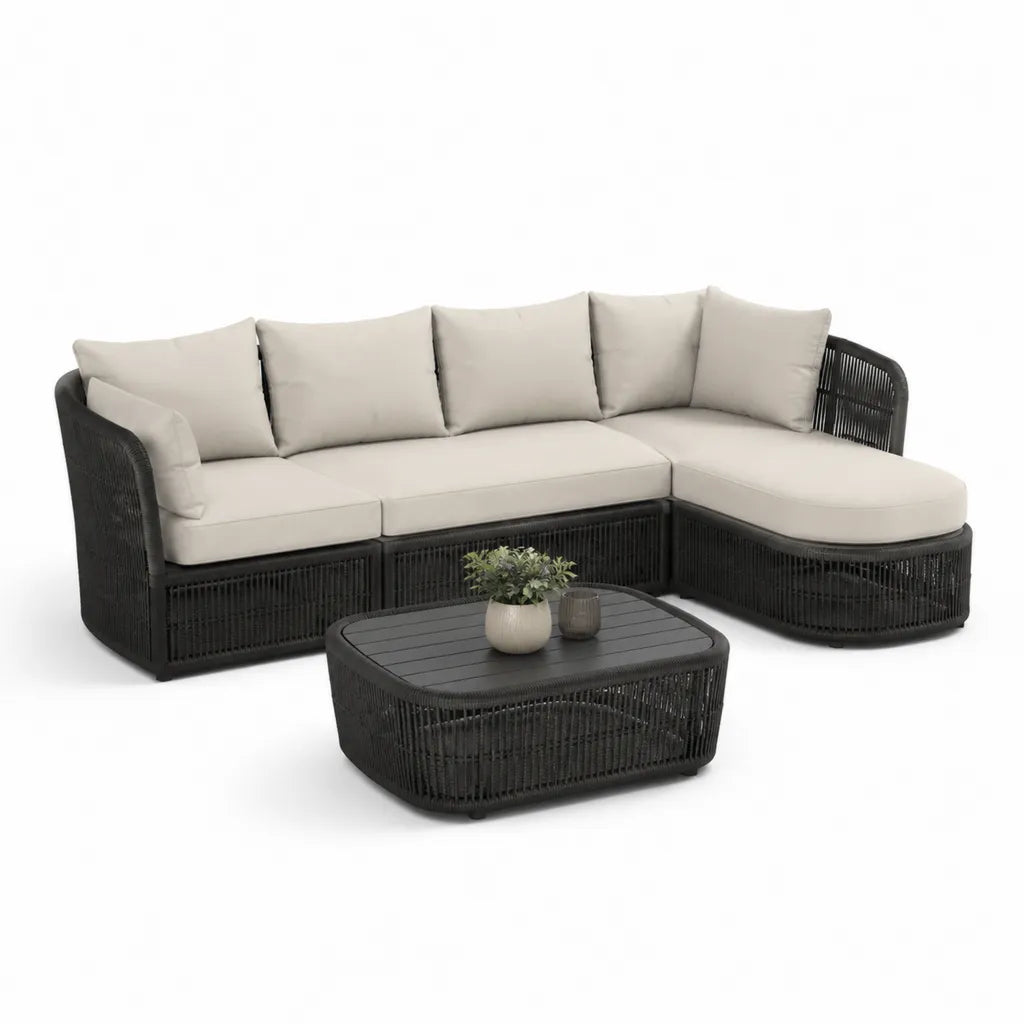Set divano da giardino angolare con tavolino 275 x 150 cm in rattan PE nero e cuscini beige