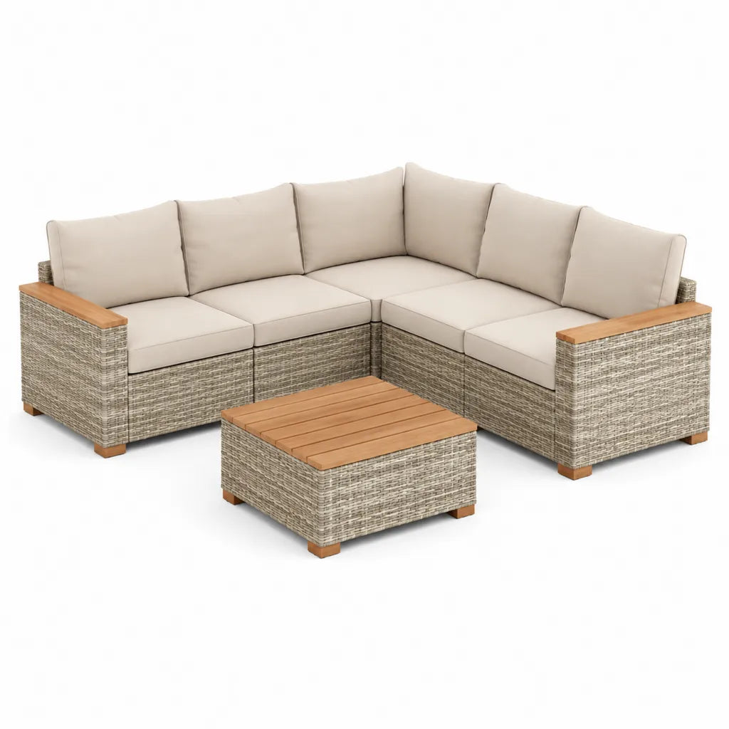 Set divano da giardino angolare 6 pezzi in rattan PE grigio con cuscini beige 240 x 240 x 70 cm